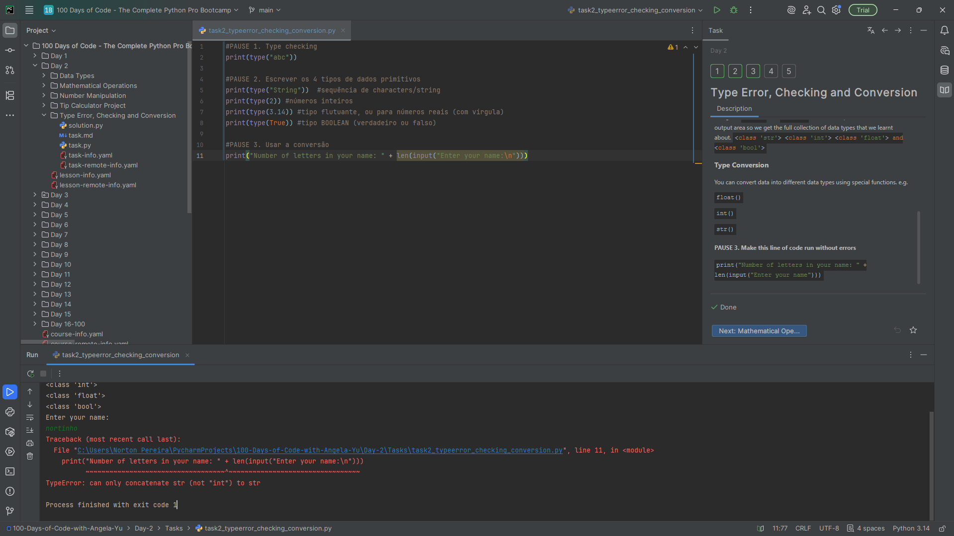 PAUSE 3: Task 2 - Type Error, Checking and Conversion